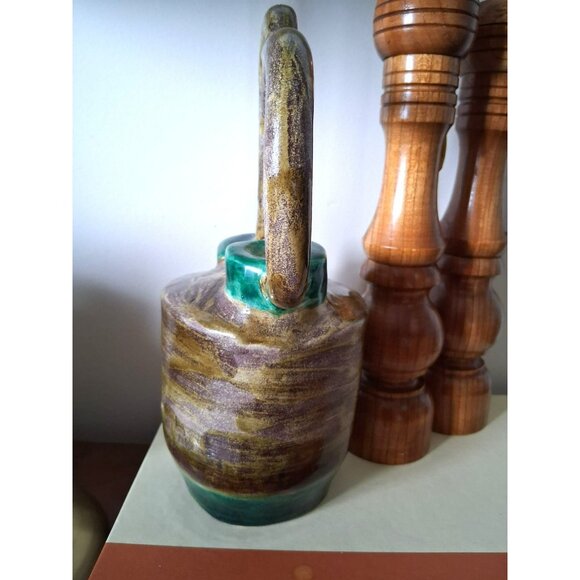Vintage Handcrafted Ceramic Double-Spout Vase Unique Handle Design Earthy Green - Picture 3 of 7
